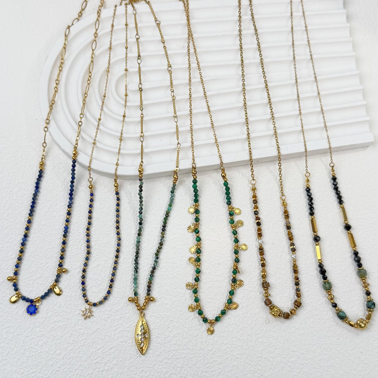 Women’s Layered Gemstone Beaded Necklaces - Retro Boho Gold Accent Natural Stone Charm Jewelry