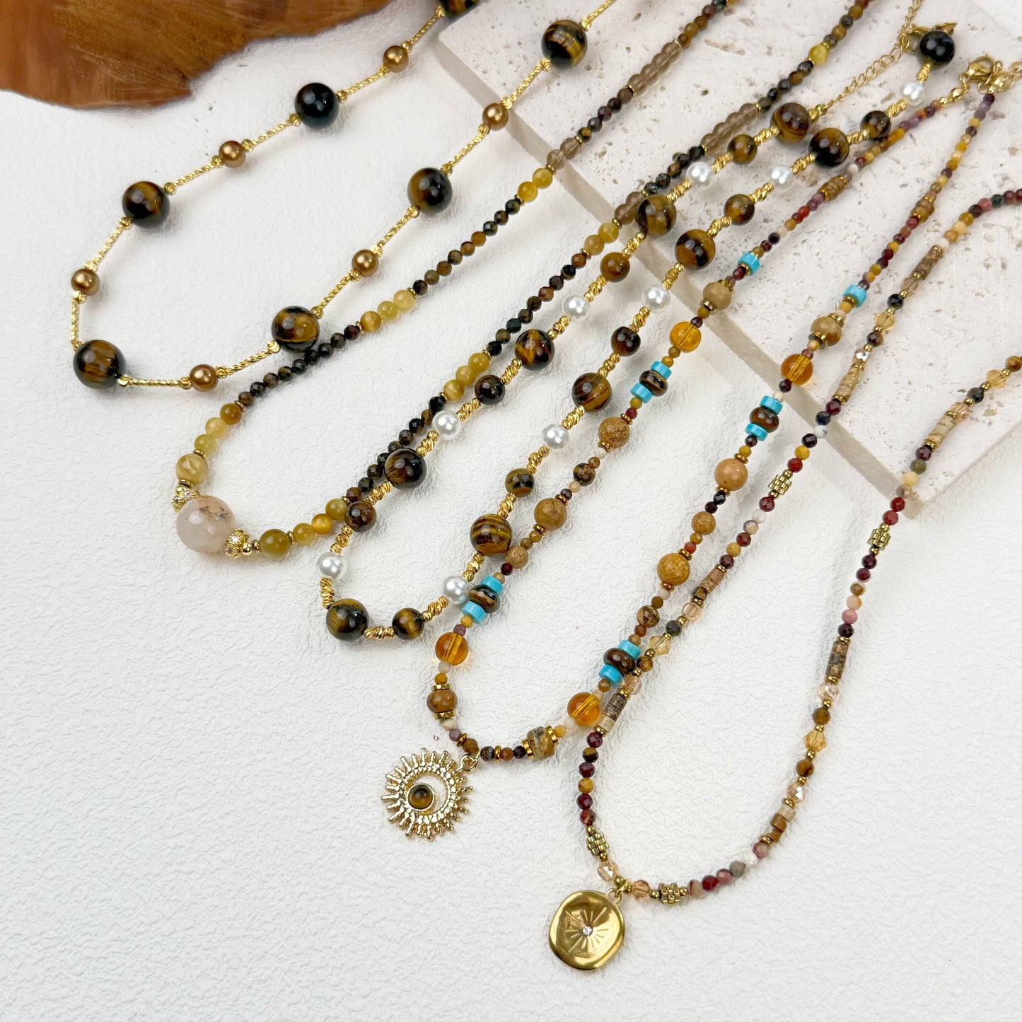 Boho Mixed Natural Stone Necklace - Gold Sun Pendant with Turquoise & Citrine Accents