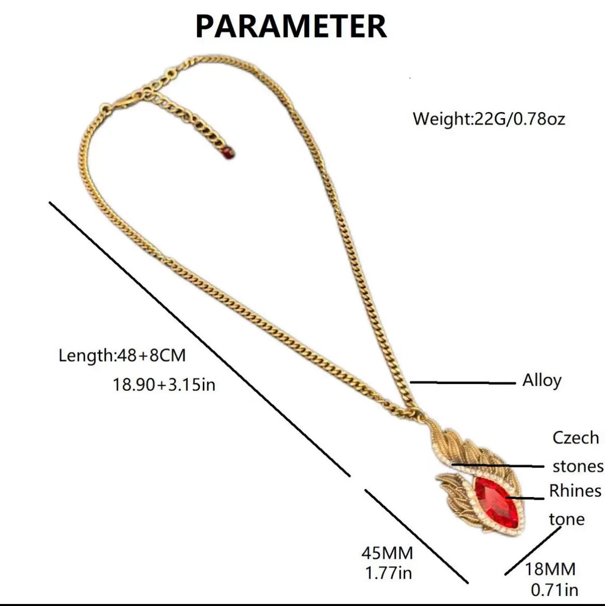 Luxe Red Gem Feather Necklace - Textured Gold Frame