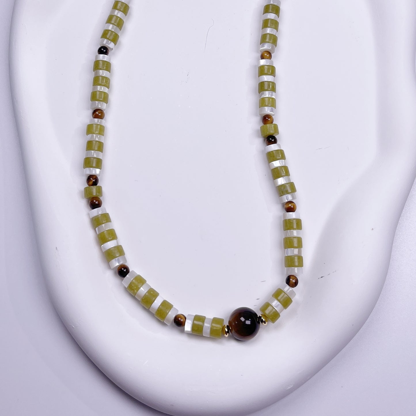 Handmade natural stone necklace with tiger's eye accents & blue-stone clasp