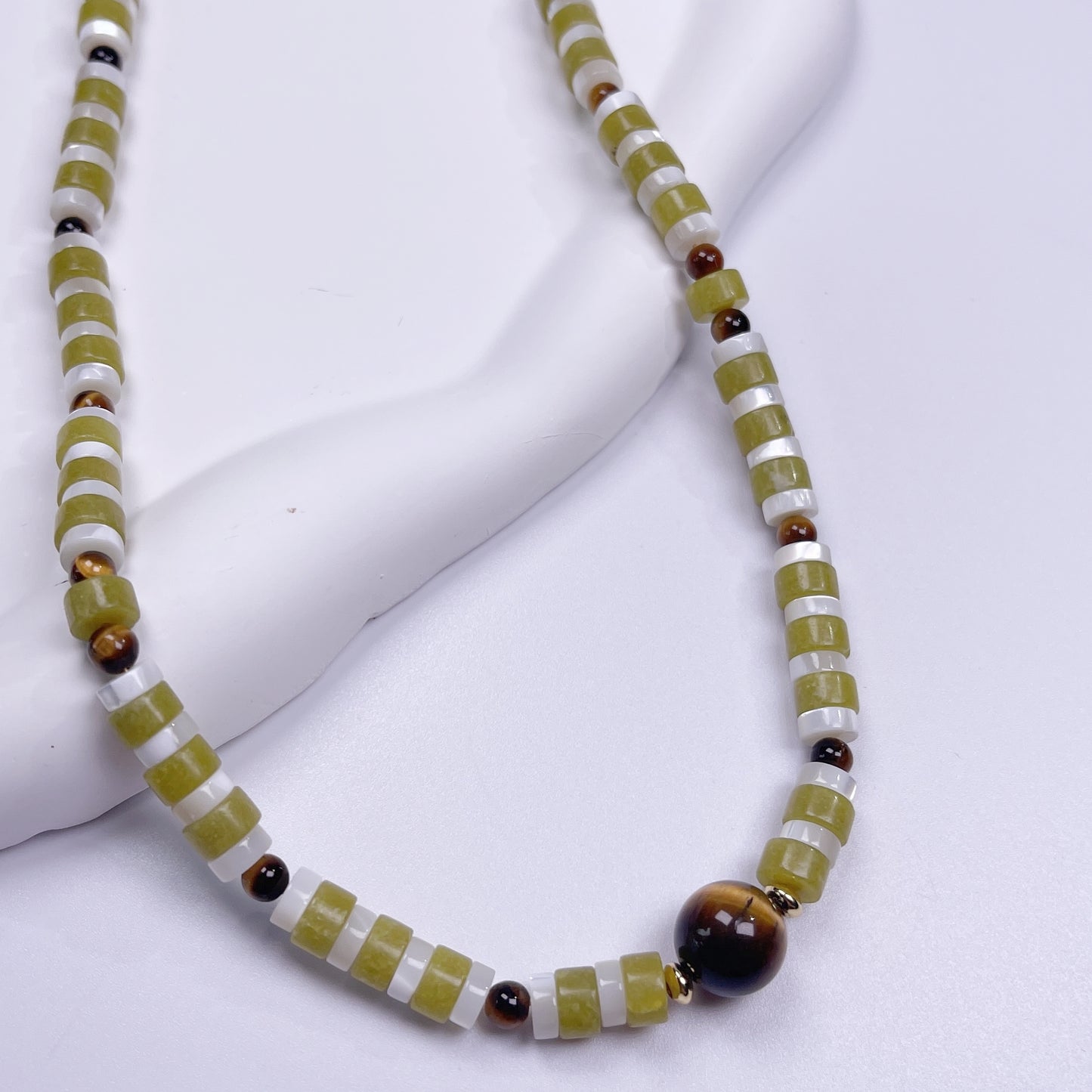 Handmade natural stone necklace with tiger's eye accents & blue-stone clasp