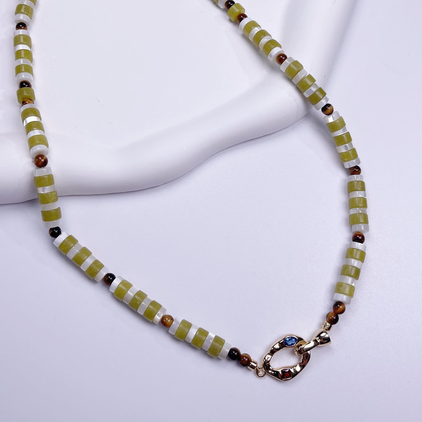 Handmade natural stone necklace with tiger's eye accents & blue-stone clasp