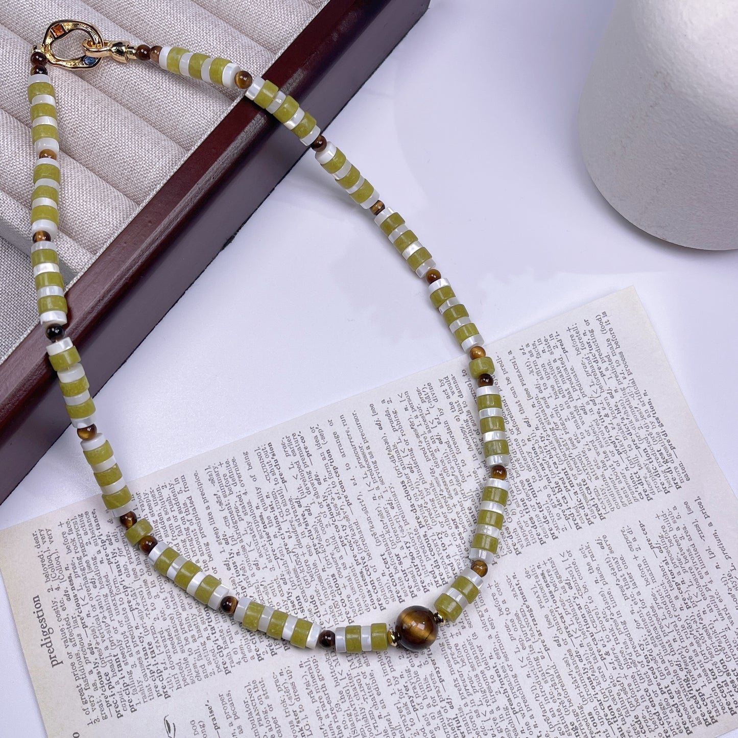 Handmade natural stone necklace with tiger's eye accents & blue-stone clasp