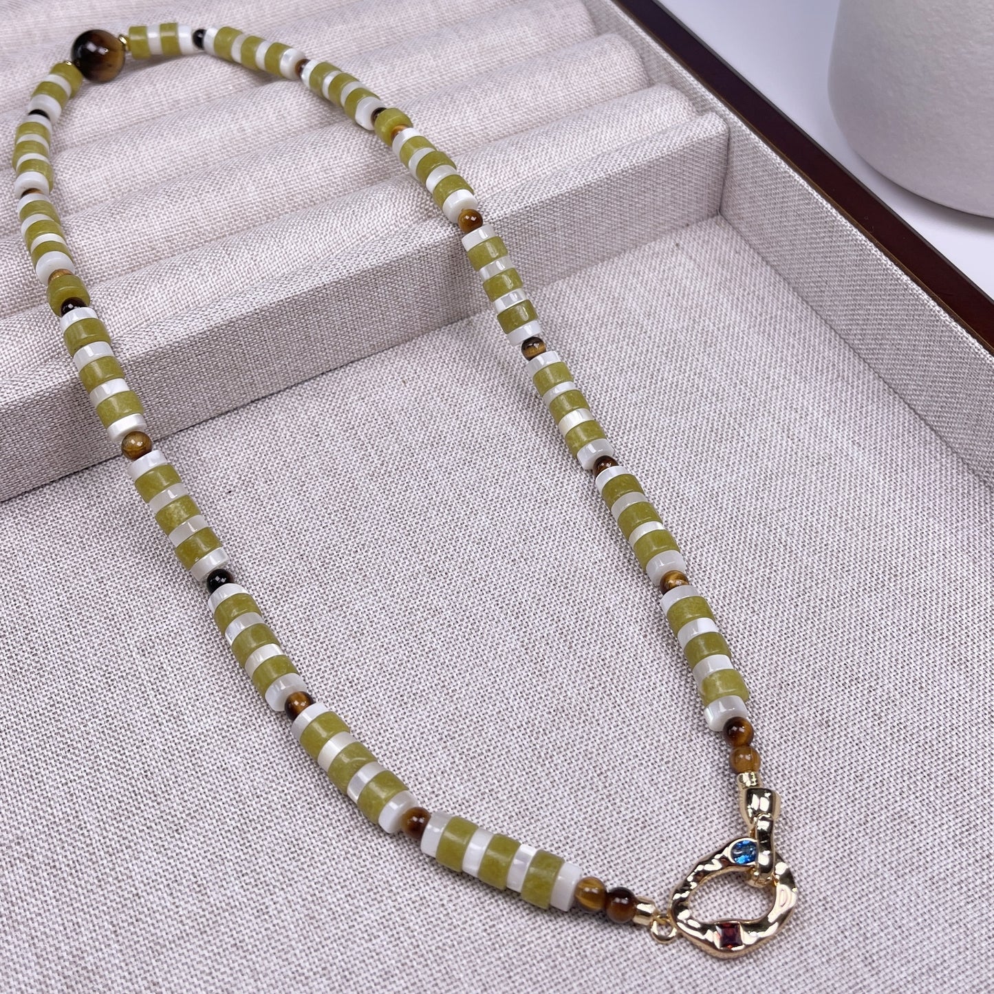 Handmade natural stone necklace with tiger's eye accents & blue-stone clasp