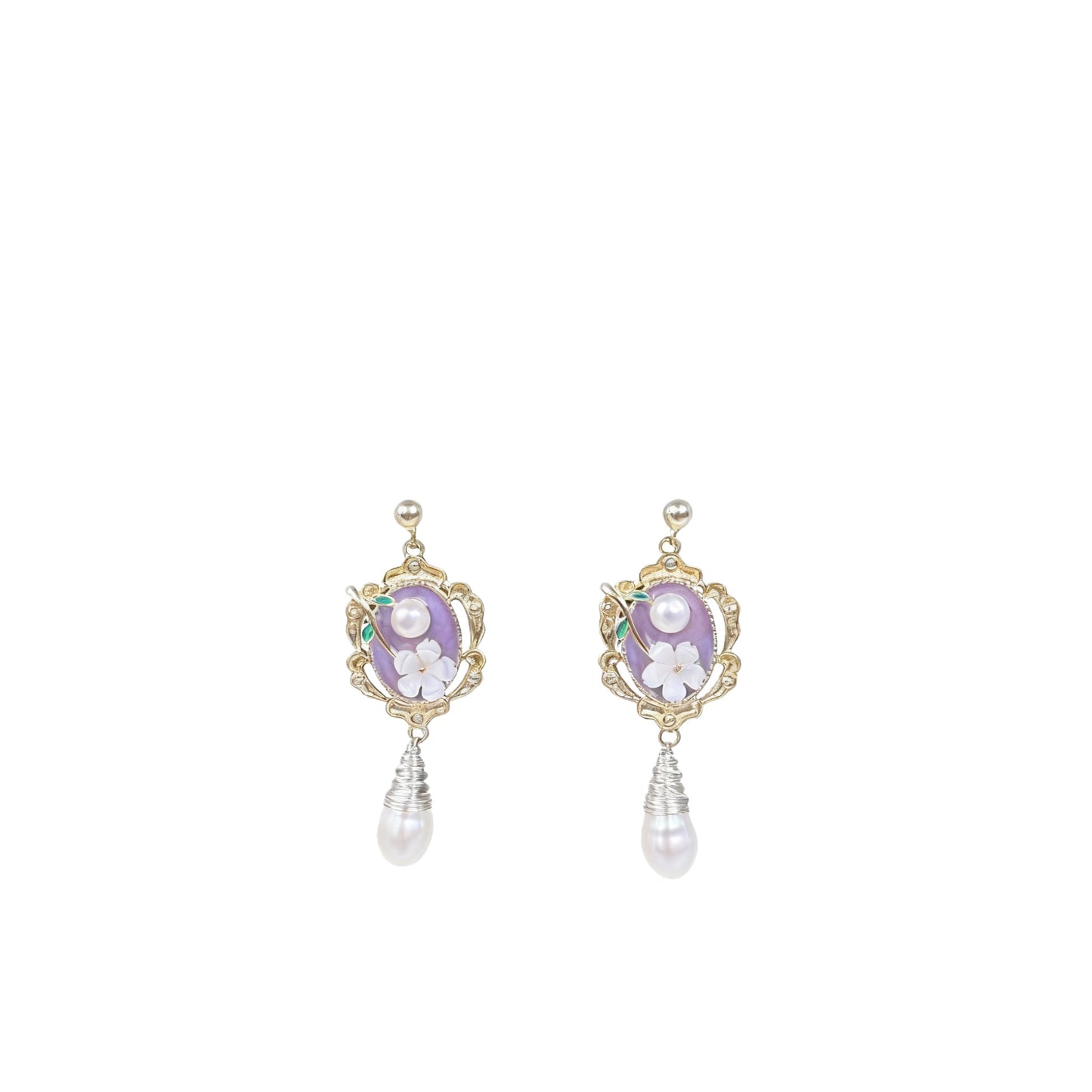 Romantic Floral Drop Earrings: Lavender Stone + Pearl Dangle