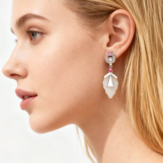Vintage Glam Drop Earrings: Frosted Agate + Pink Stone Details