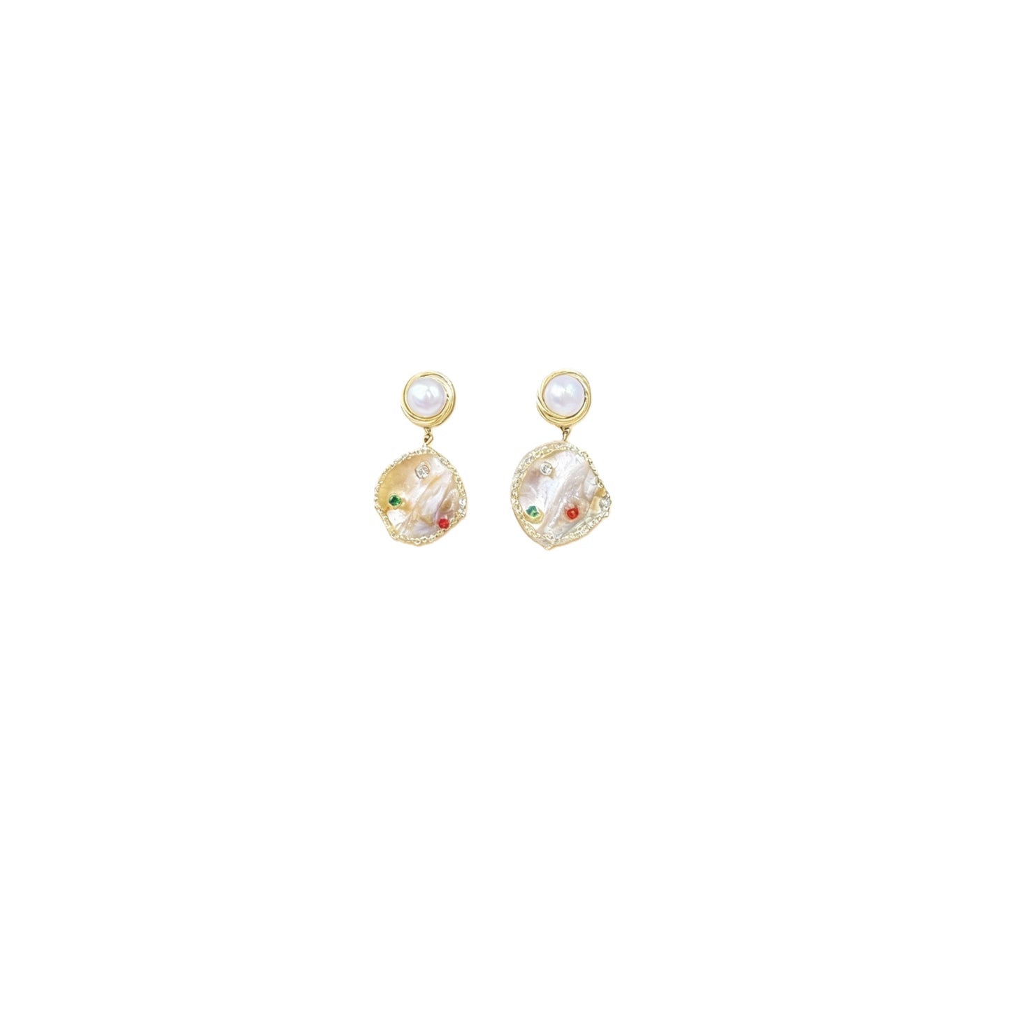 Pearl & Iridescent Shell Drop Earrings - Gem-Accented Gold Framed