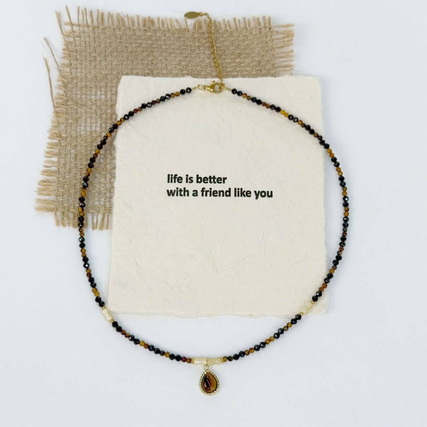 Tiger Eye & Shell Bead Choker with Teardrop Pendant – Boho Natural Elegance