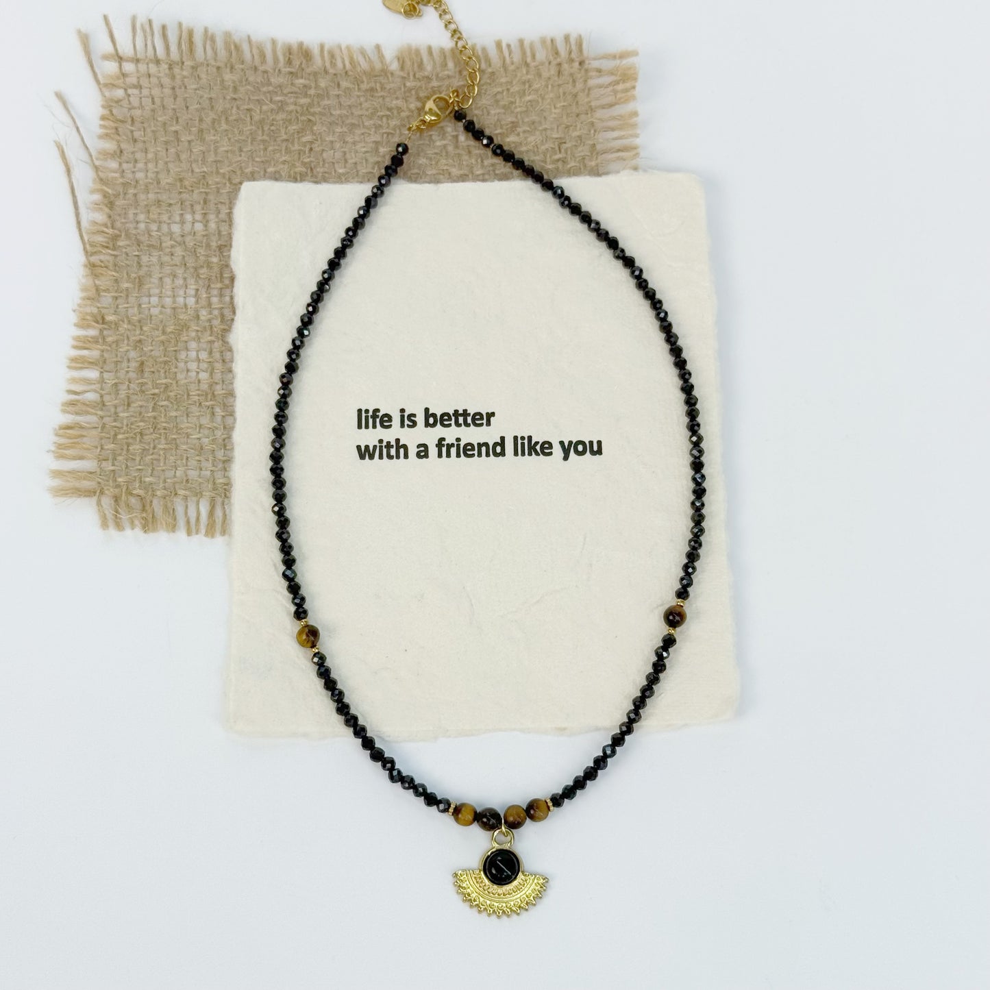 Black Spinel & Tiger Eye Fan Pendant Choker – Boho-Chic Elegance