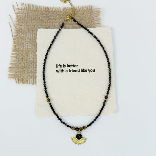 Black Spinel & Tiger Eye Fan Pendant Choker – Boho-Chic Elegance