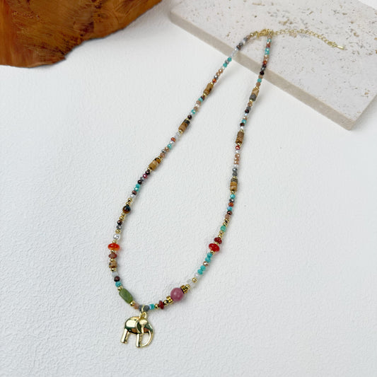 Multi Natural stone Beaded Necklace with Gold Elephant Pendant