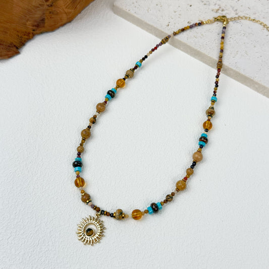 Boho Mixed Natural Stone Necklace - Gold Sun Pendant with Turquoise & Citrine Accents