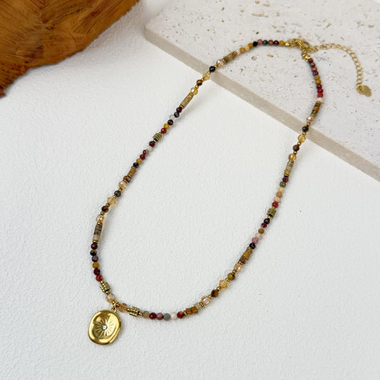 Colorful Mixed Natural Stone Necklace: Earthy Tones + Gold Sunburst Charm