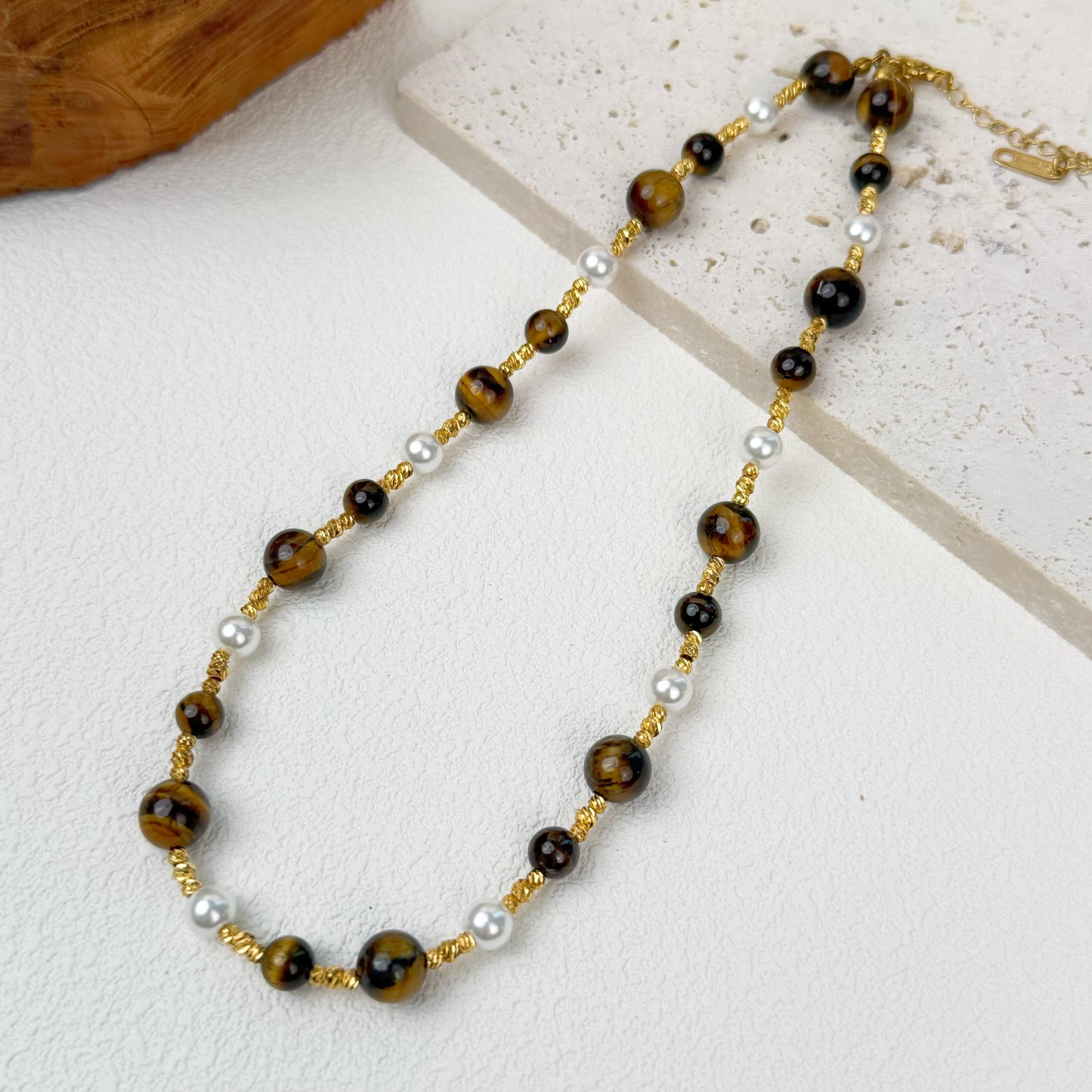 Elegant Tiger Eye & Pearl Necklace-Adjustable Gold Chain