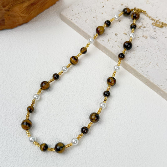 Elegant Tiger Eye & Pearl Necklace-Adjustable Gold Chain