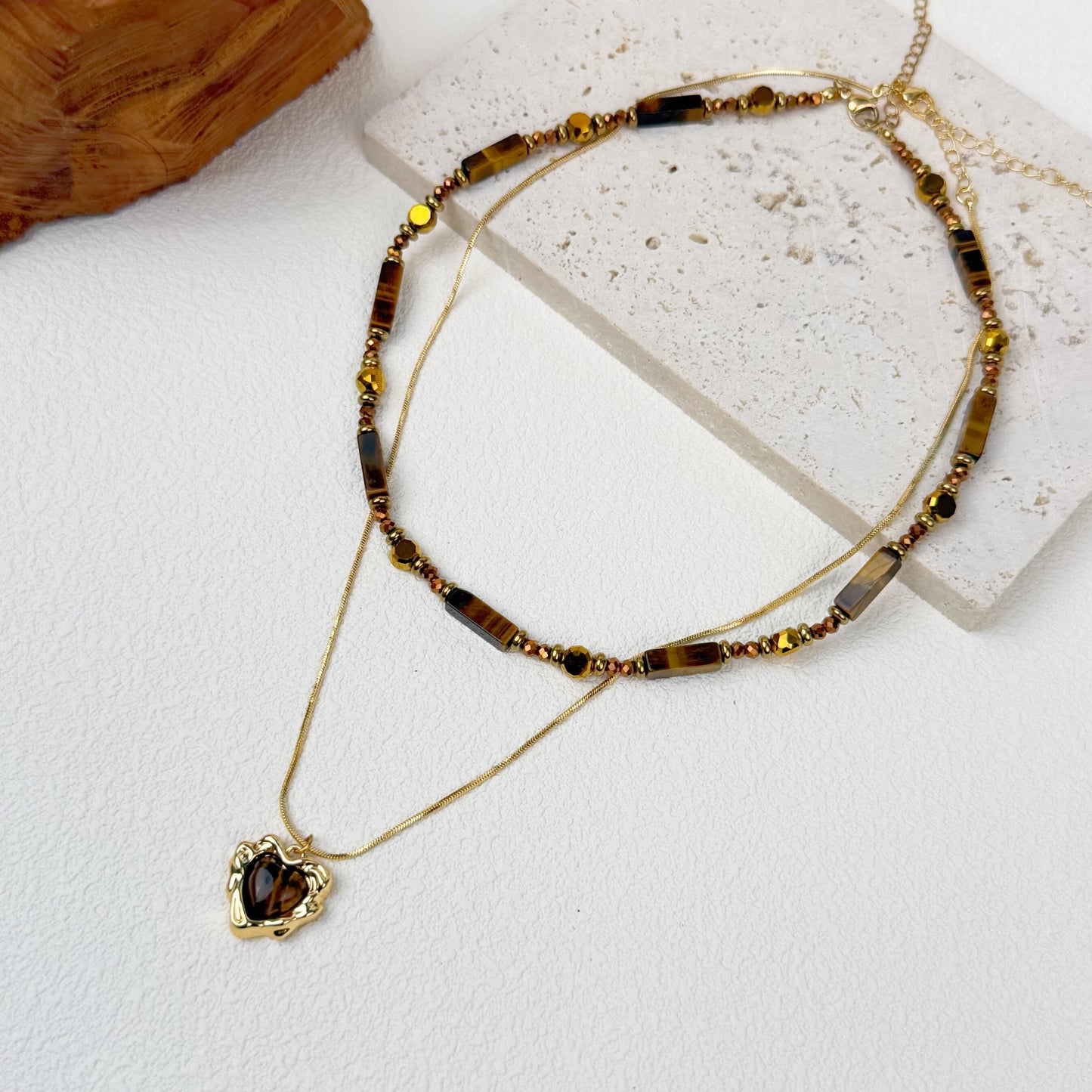 Double-Layer Tiger’s Eye Collar Necklace - Heart Pendant with Gold Accents