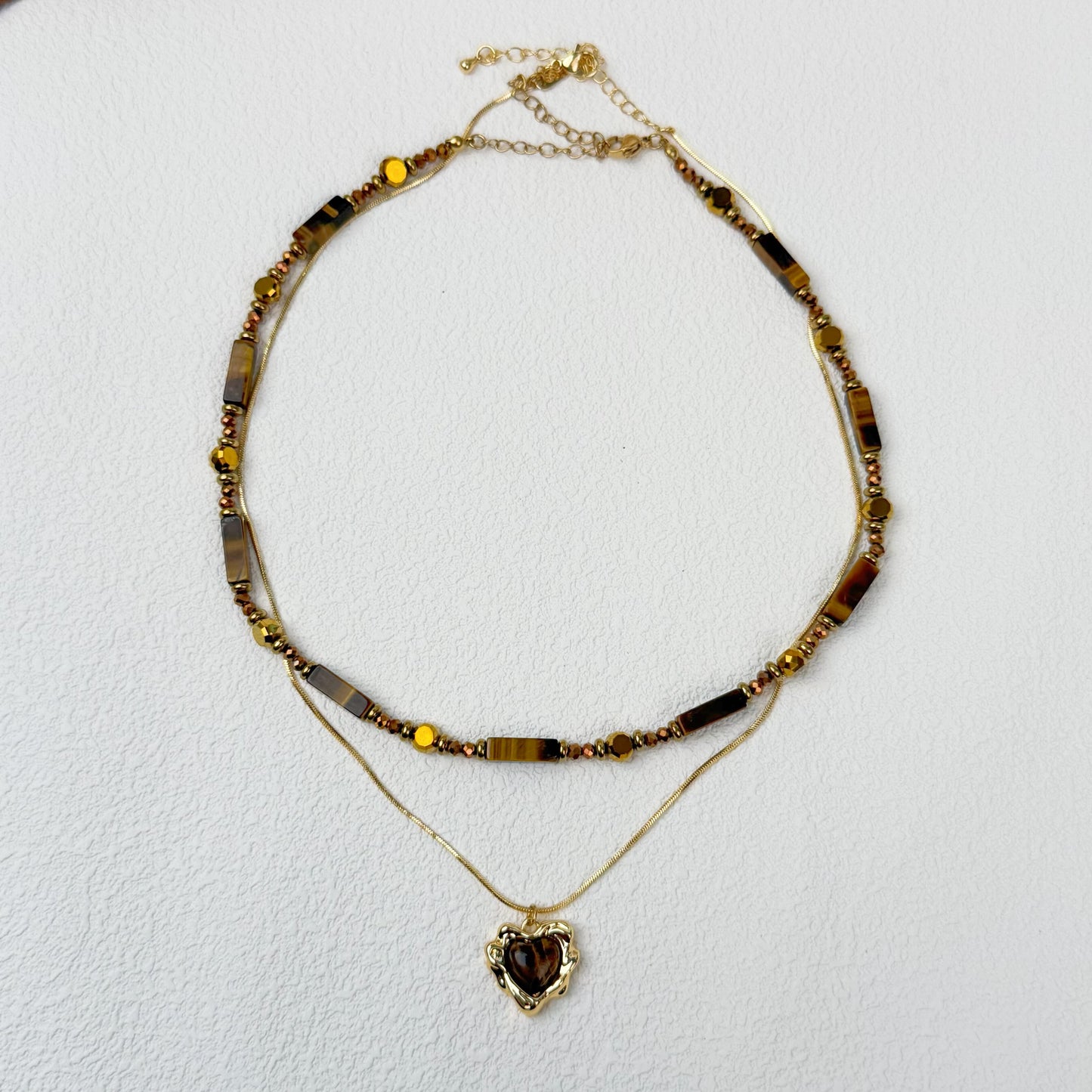 Double-Layer Tiger’s Eye Collar Necklace - Heart Pendant with Gold Accents