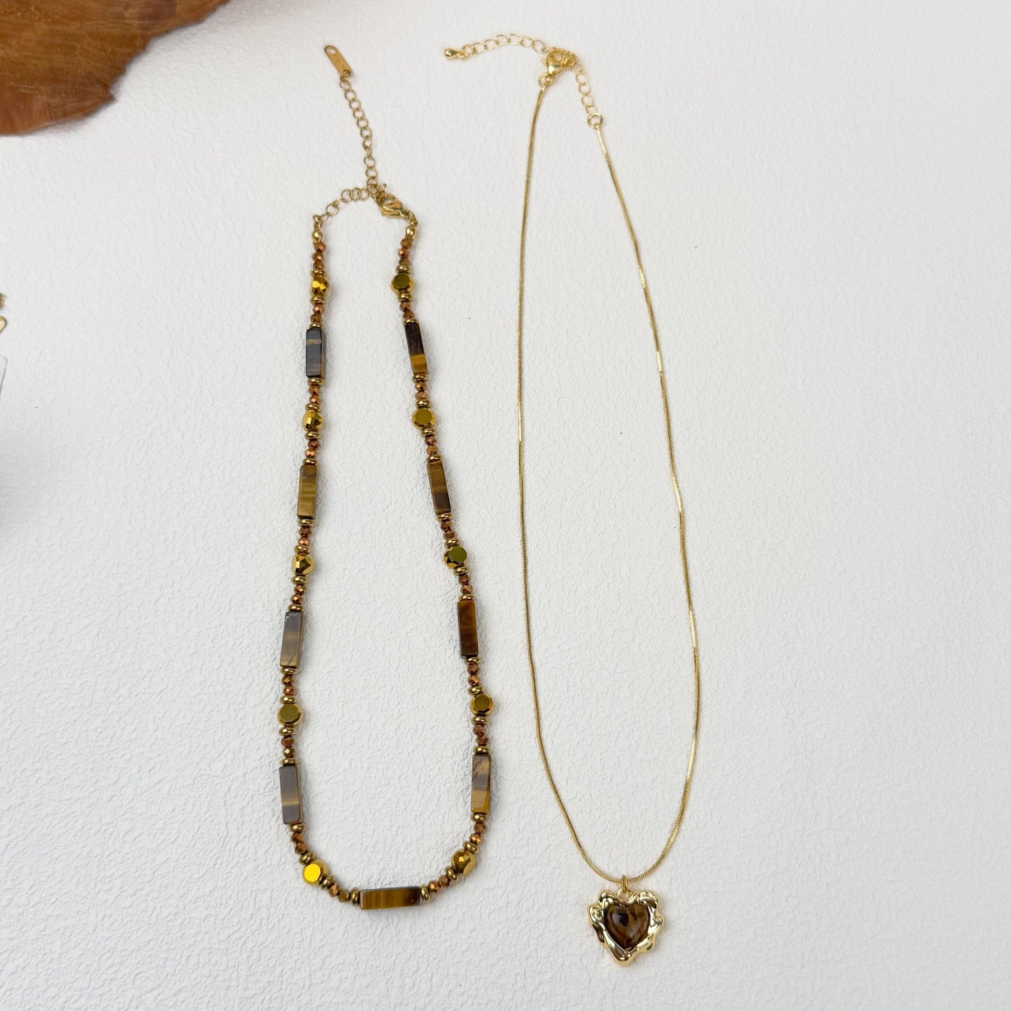 Double-Layer Tiger’s Eye Collar Necklace - Heart Pendant with Gold Accents