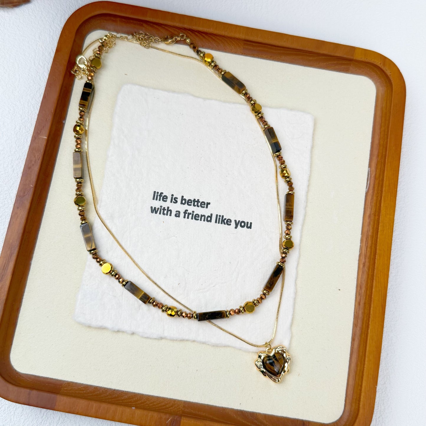 Double-Layer Tiger’s Eye Collar Necklace - Heart Pendant with Gold Accents