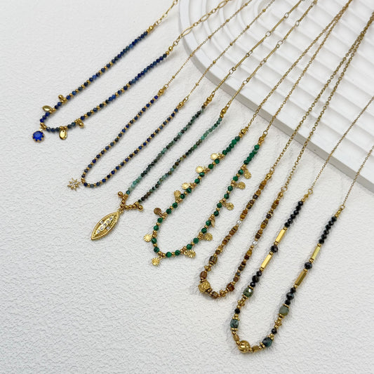 Women’s Layered Gemstone Beaded Necklaces - Retro Boho Gold Accent Natural Stone Charm Jewelry