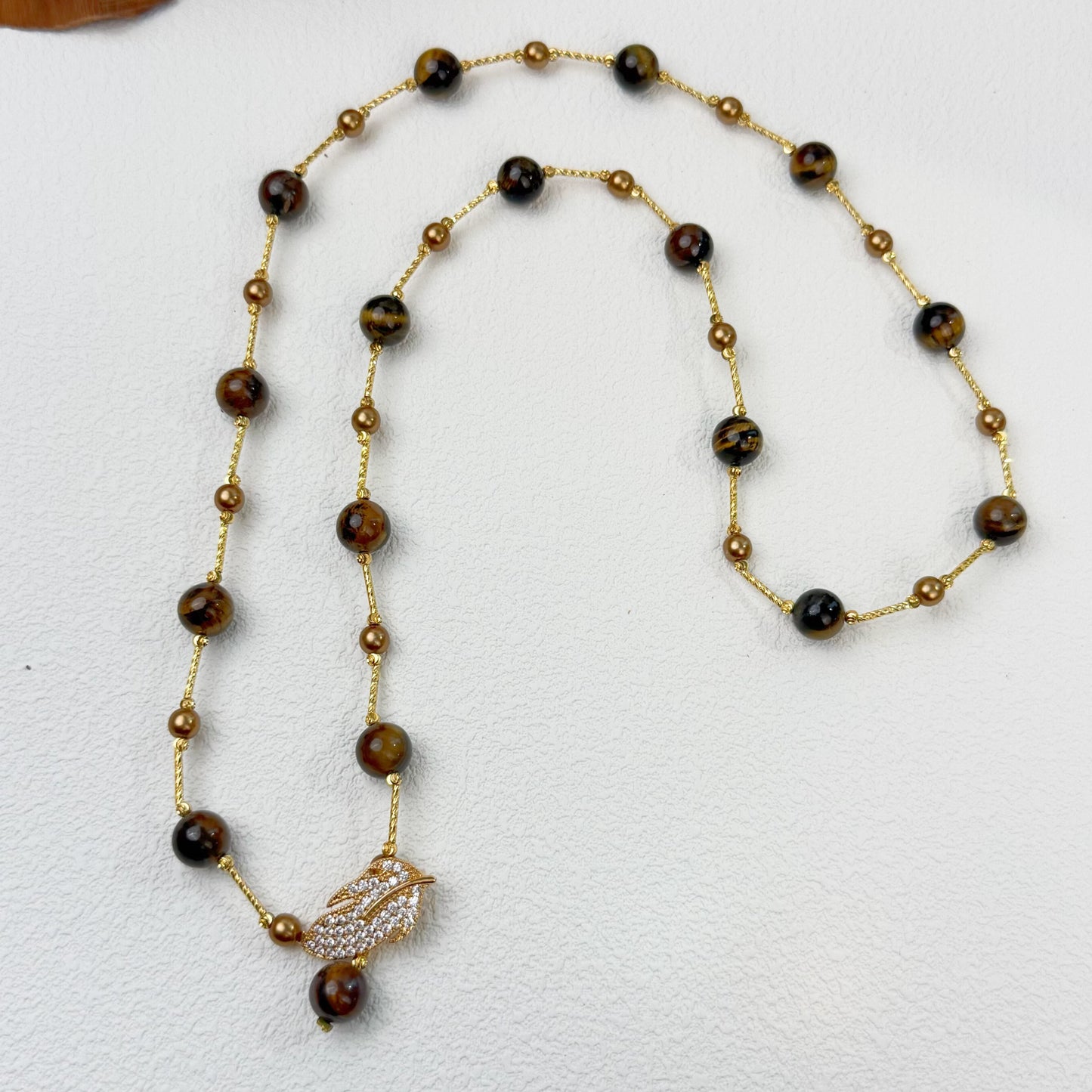Tiger’s Eye & Gold Beaded Long Necklace - Leaf Feather Charm