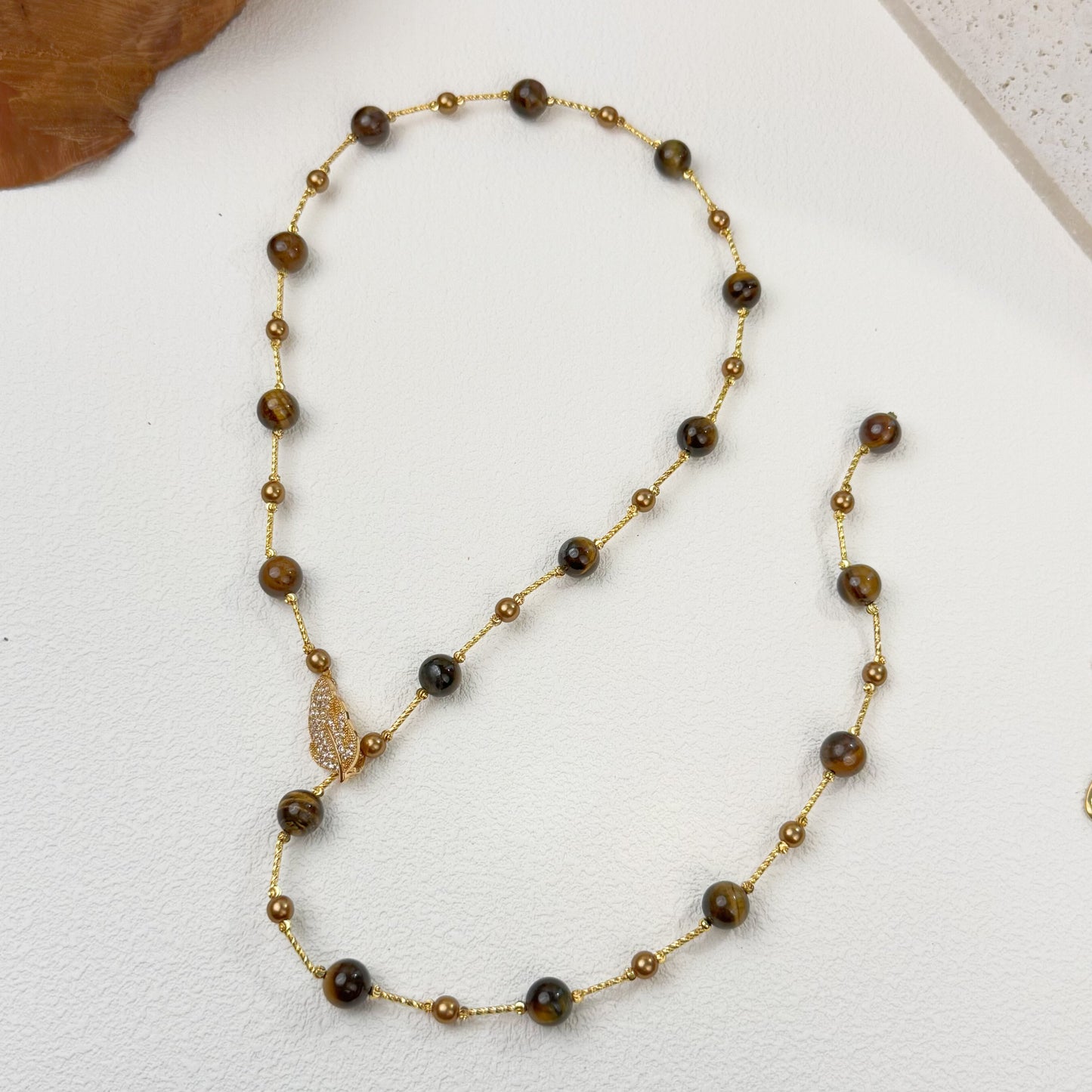 Tiger’s Eye & Gold Beaded Long Necklace - Leaf Feather Charm