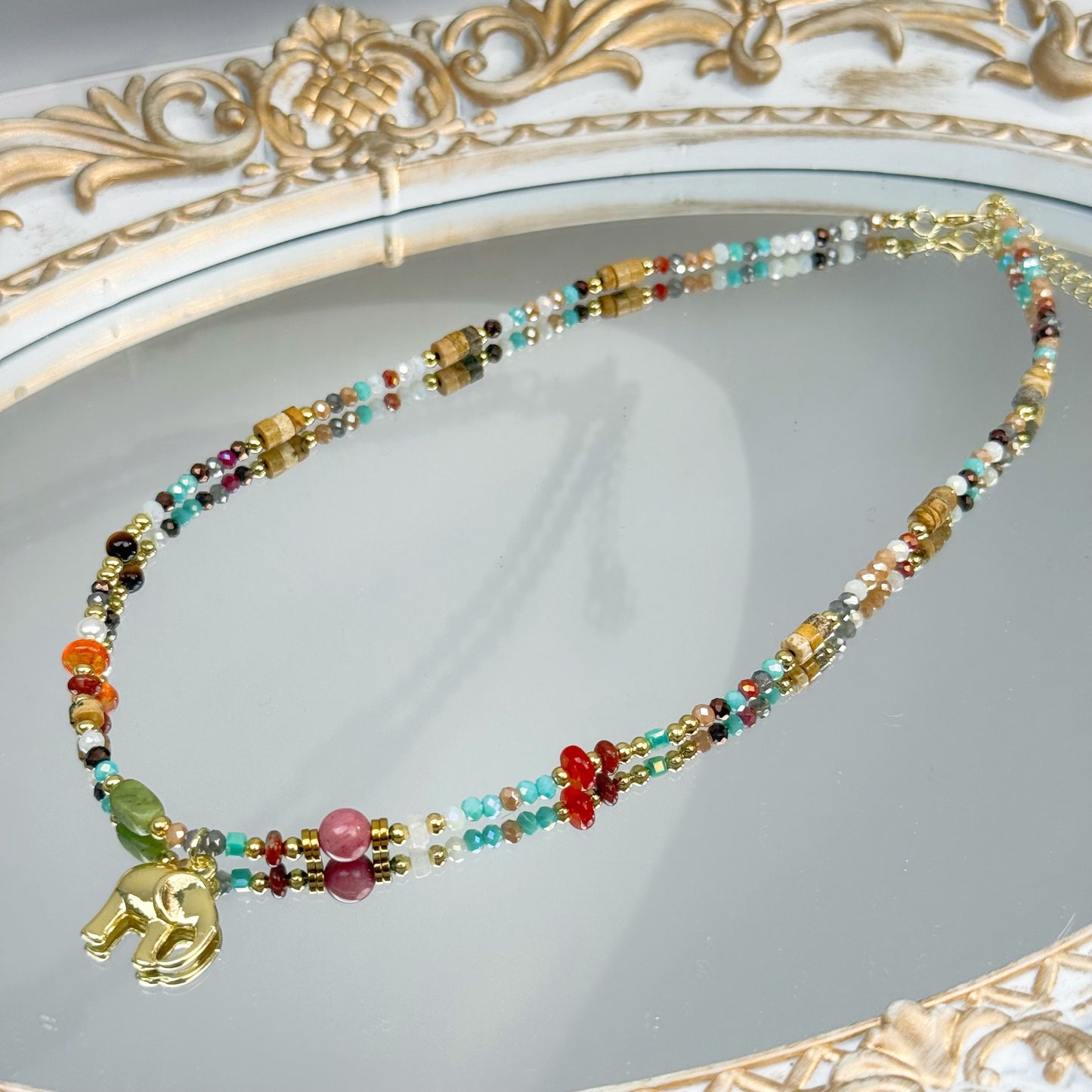 Multi Natural stone Beaded Necklace with Gold Elephant Pendant