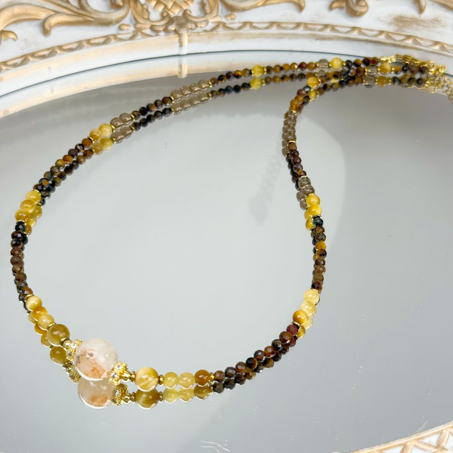 Gradient Tiger Eye natural stone Necklace with Gold Accents