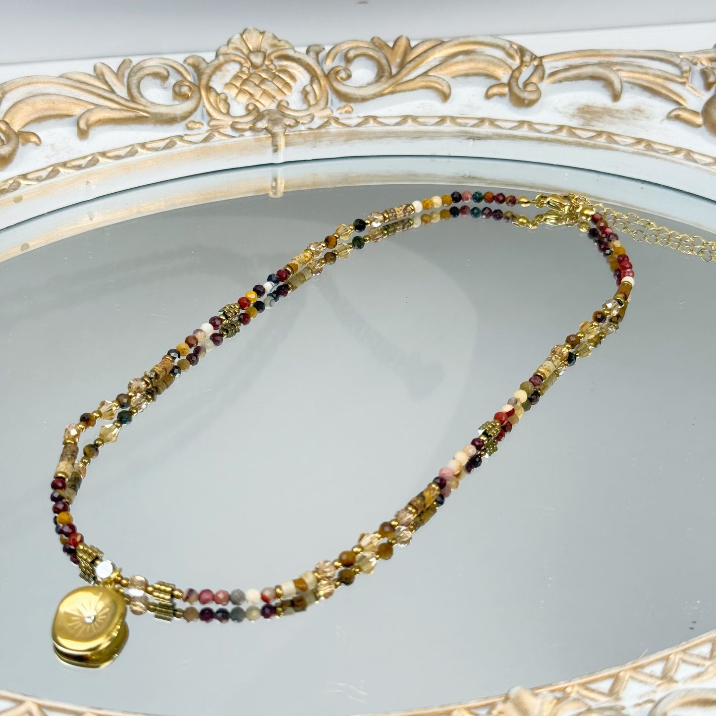 Colorful Mixed Natural Stone Necklace: Earthy Tones + Gold Sunburst Charm