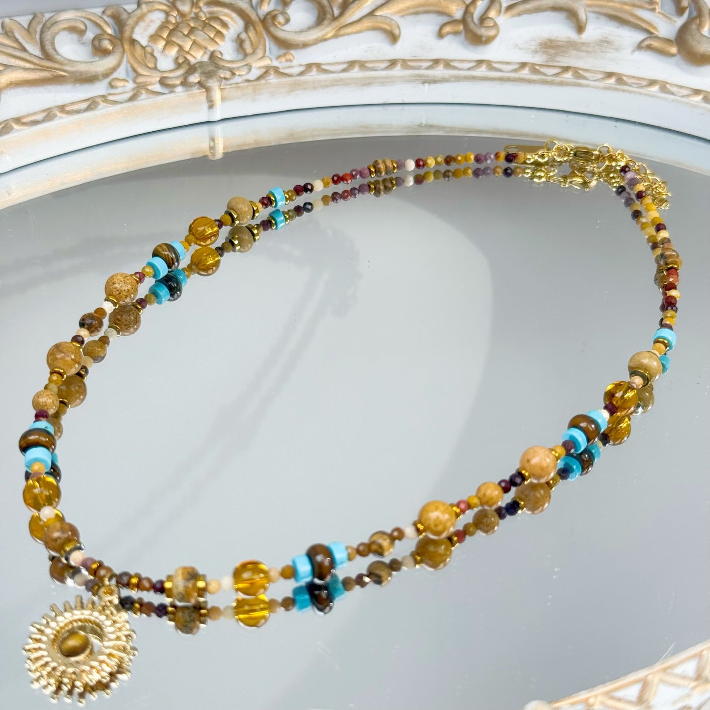 Boho Mixed Natural Stone Necklace - Gold Sun Pendant with Turquoise & Citrine Accents