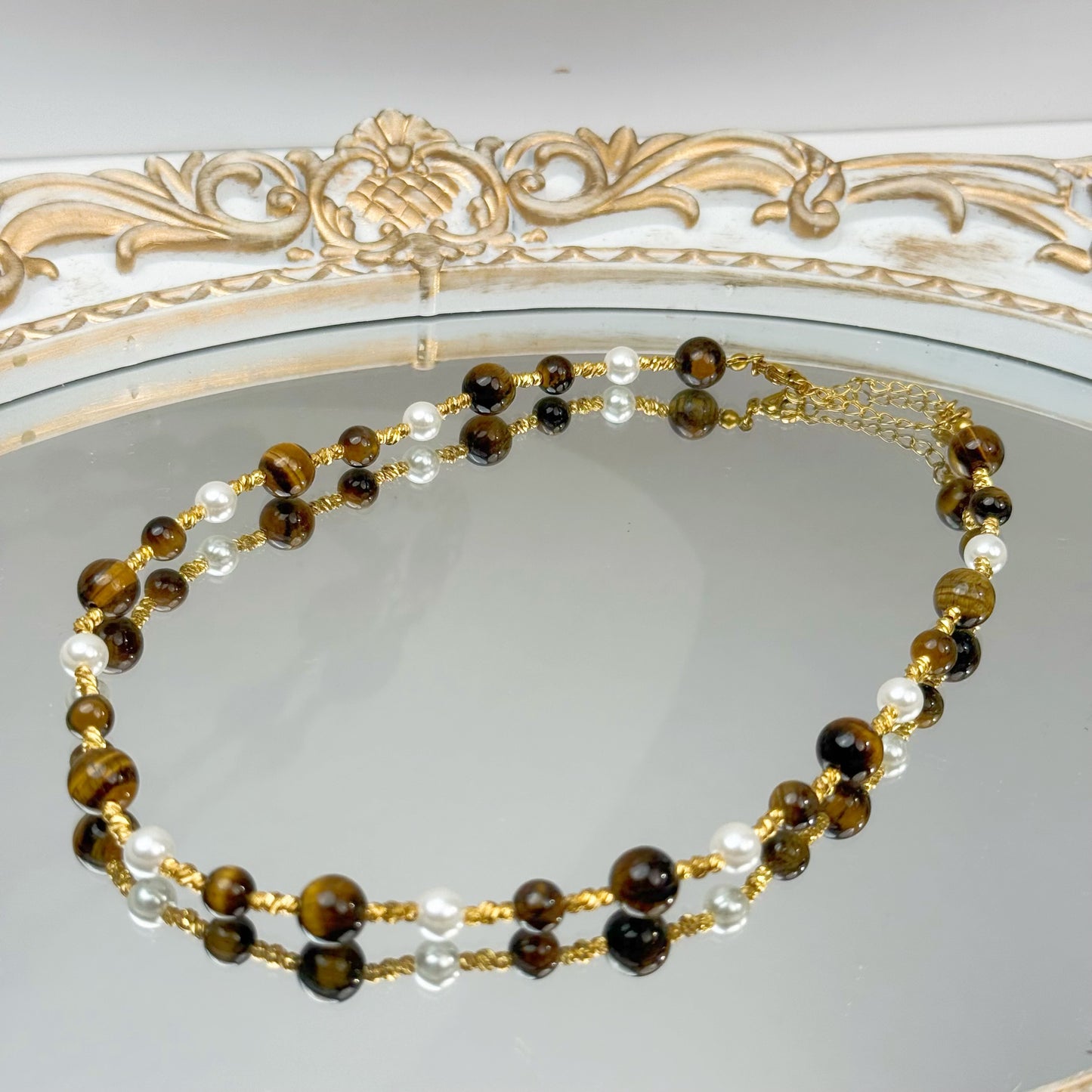 Elegant Tiger Eye & Pearl Necklace-Adjustable Gold Chain
