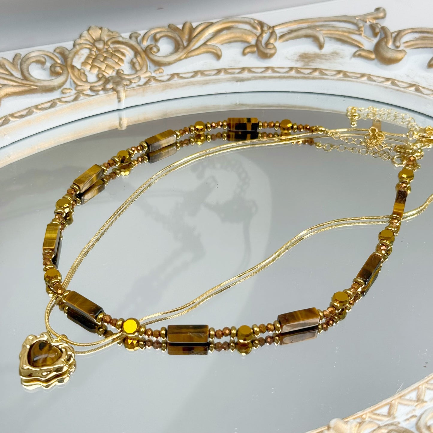 Double-Layer Tiger’s Eye Collar Necklace - Heart Pendant with Gold Accents