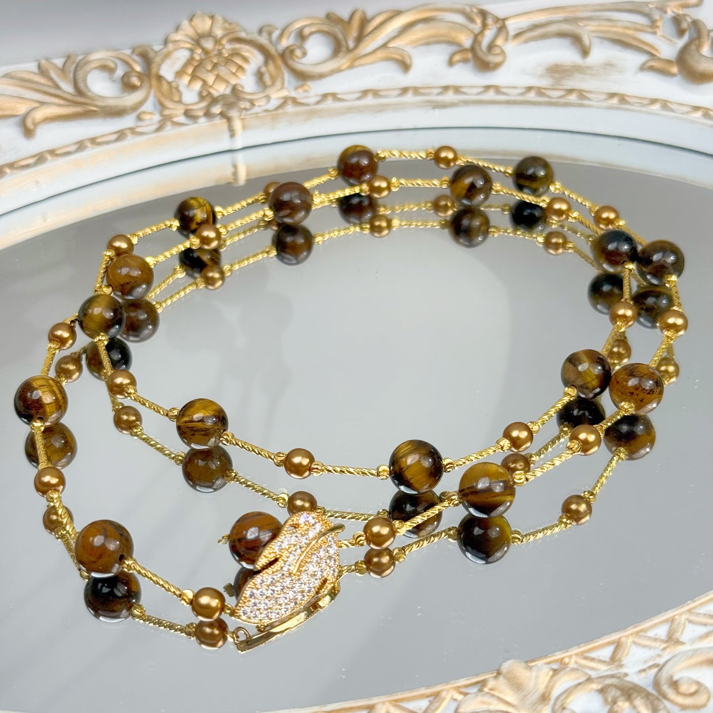 Tiger’s Eye & Gold Beaded Long Necklace - Leaf Feather Charm