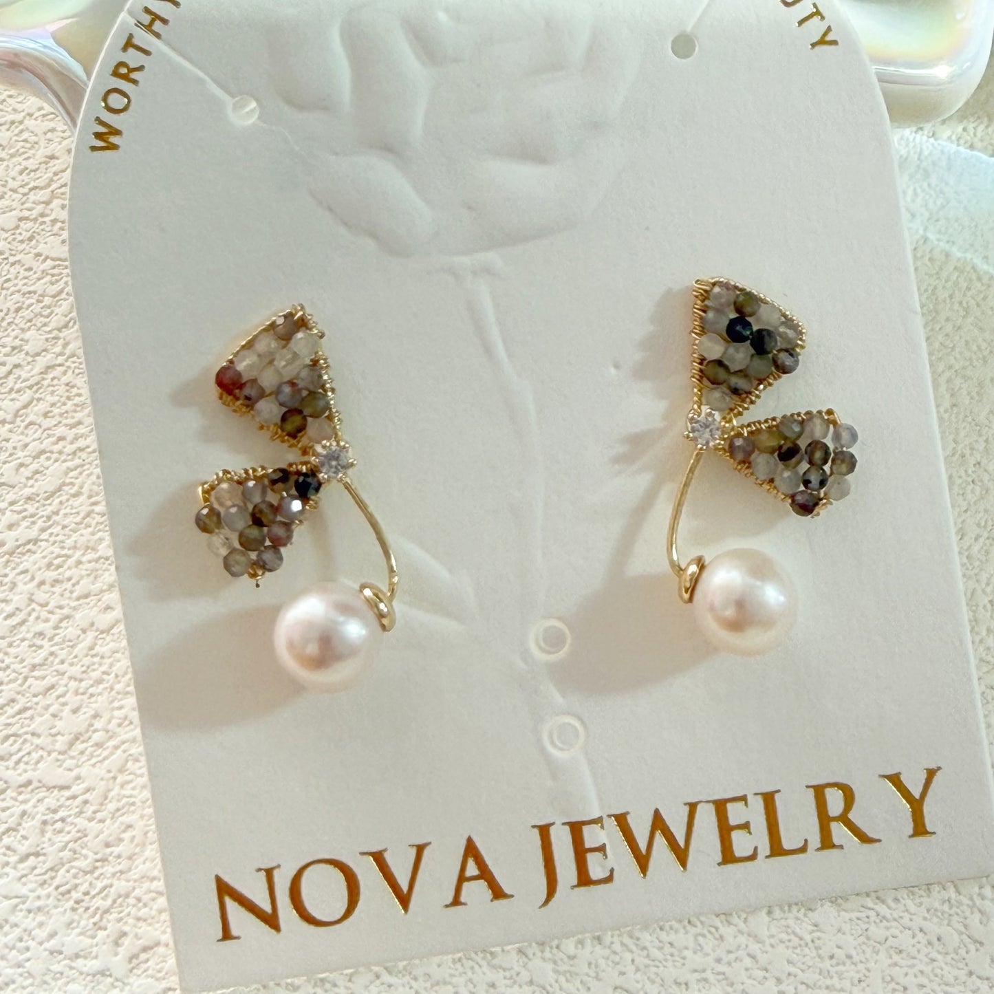 Feminine Natural stone Bow Earrings - Pearl Dangle & Tiny Sparkle Detail