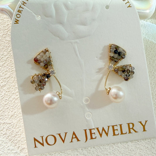 Feminine Natural stone Bow Earrings - Pearl Dangle & Tiny Sparkle Detail