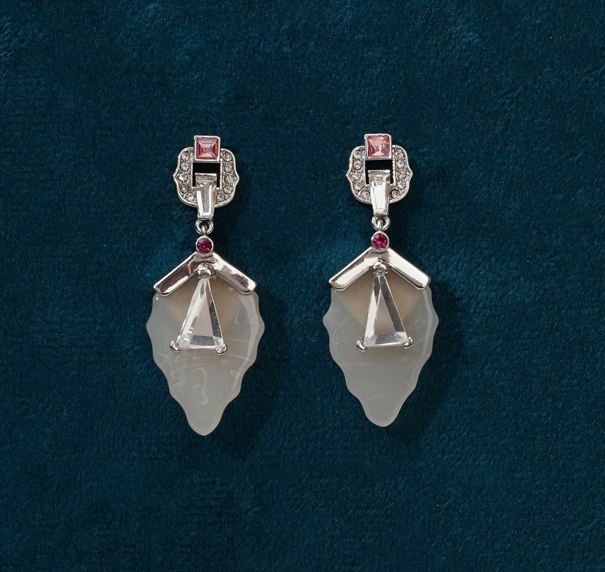 Vintage Glam Drop Earrings: Frosted Agate + Pink Stone Details