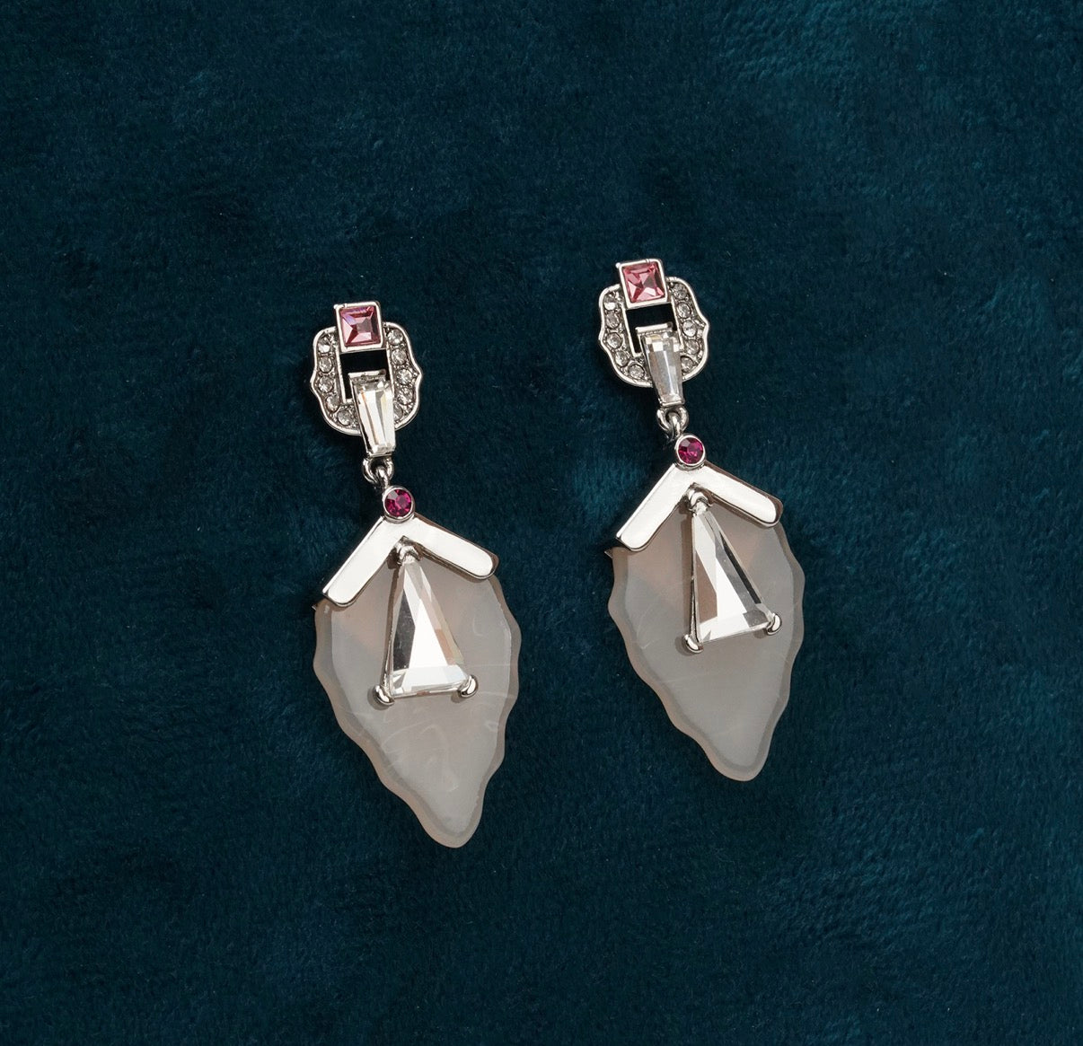 Vintage Glam Drop Earrings: Frosted Agate + Pink Stone Details