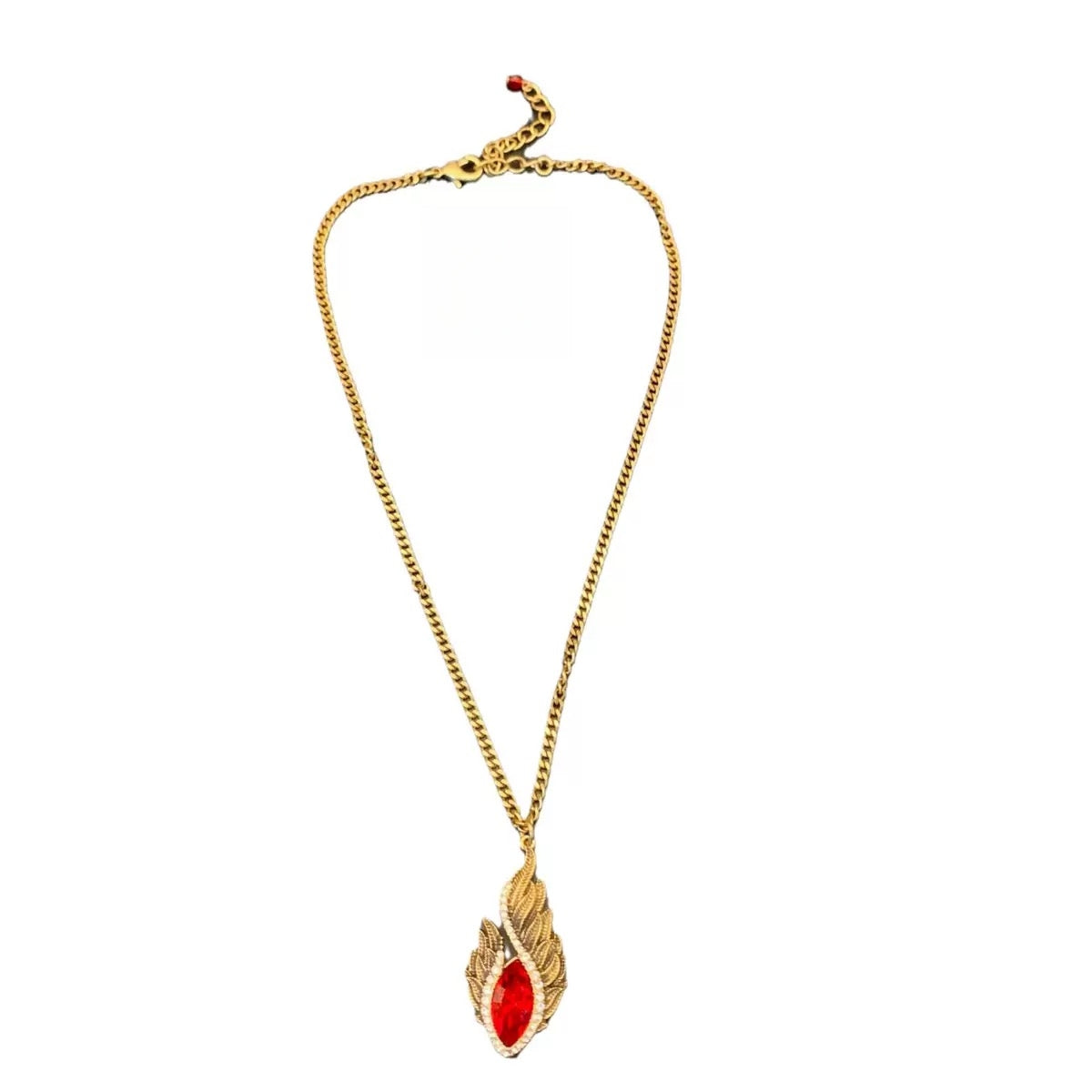 Luxe Red Gem Feather Necklace - Textured Gold Frame