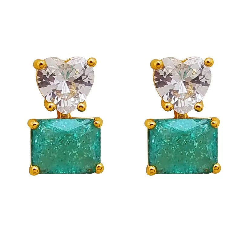 Heart Crystal & Teal Square Stud Earrings - Gold Accented