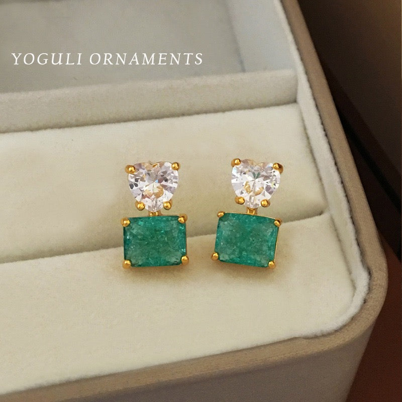 Heart Crystal & Teal Square Stud Earrings - Gold Accented
