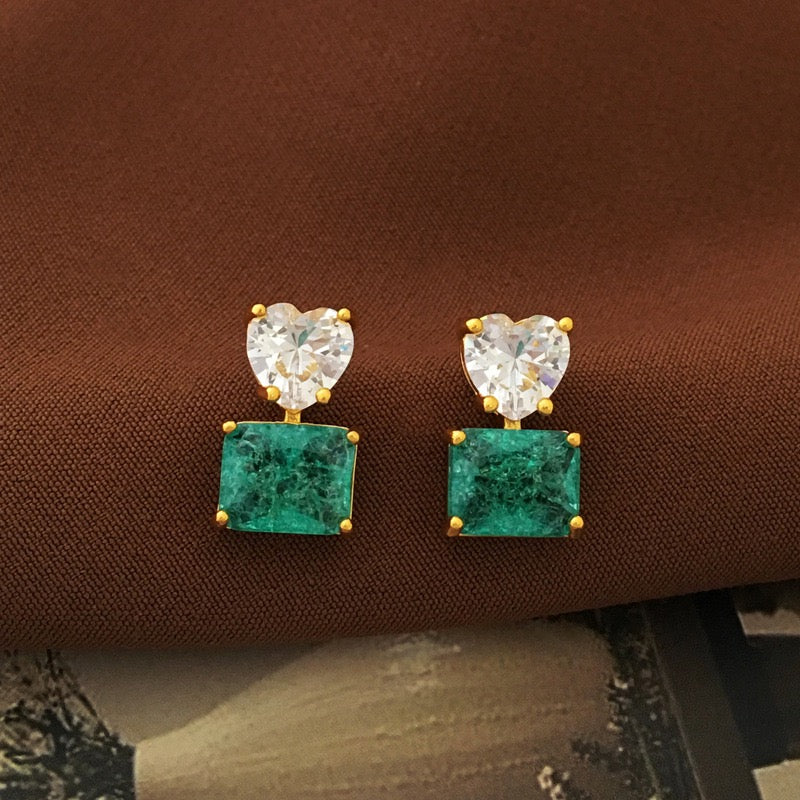 Heart Crystal & Teal Square Stud Earrings - Gold Accented