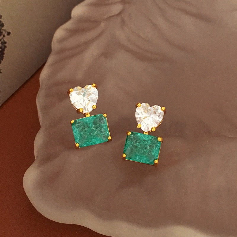 Heart Crystal & Teal Square Stud Earrings - Gold Accented