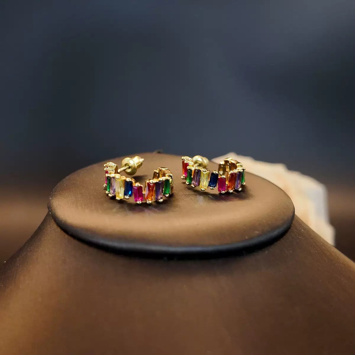 Sparkling Rainbow Huggie Earrings - Gold Baguette Gem Setting