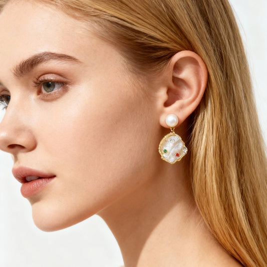 Pearl & Iridescent Shell Drop Earrings - Gem-Accented Gold Framed