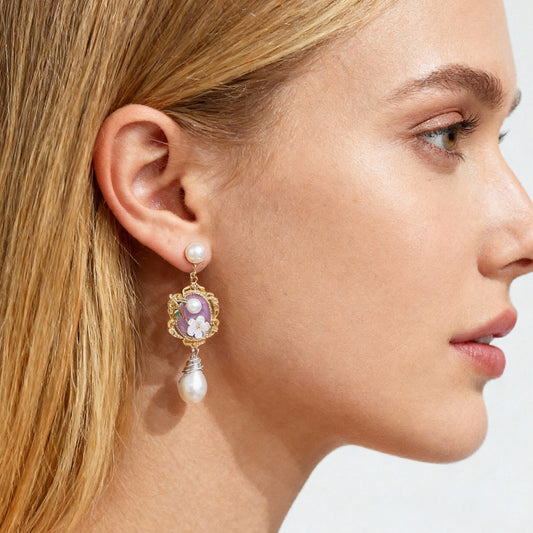 Romantic Floral Drop Earrings: Lavender Stone + Pearl Dangle