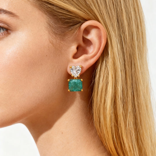 Heart Crystal & Teal Square Stud Earrings - Gold Accented